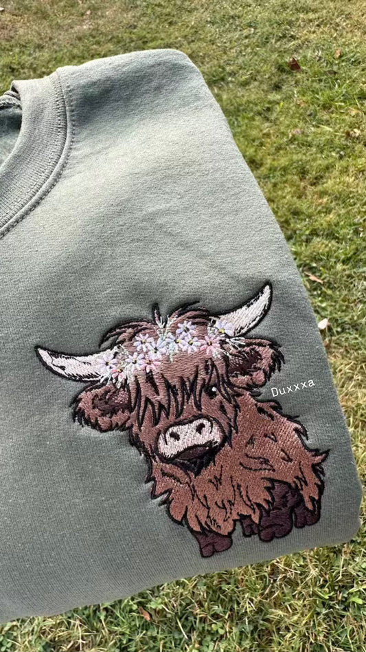 Highland Cow with flower crown Embroidered Sweatshirt Crewneck